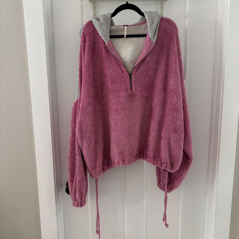 Free People Colorblock Pullover Hoodie pink grey Fuzzy Cozy Oversized 1/4 Zip M
